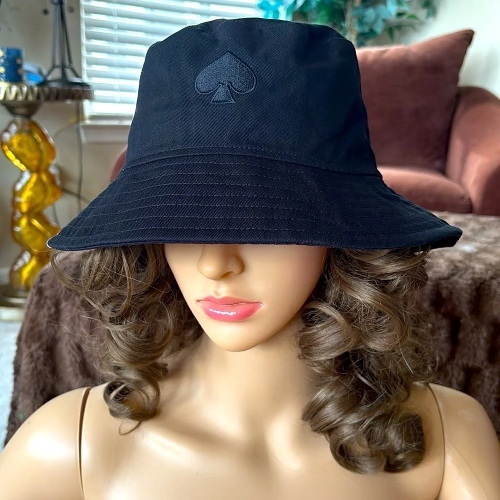 Brand New Kate Spade Black Logo Bucket Hat Pink Lining Classic Preppy